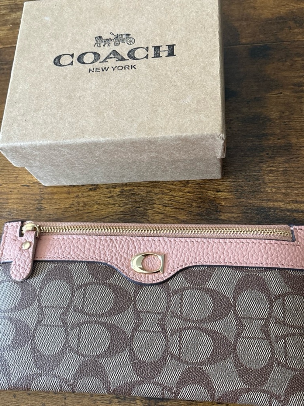 Coach Brown Signature Canvas Wristlet with Pink Trim